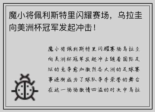 魔小将佩利斯特里闪耀赛场，乌拉圭向美洲杯冠军发起冲击！