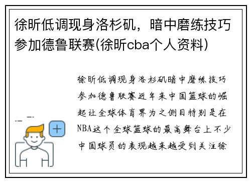 徐昕低调现身洛杉矶，暗中磨练技巧参加德鲁联赛(徐昕cba个人资料)